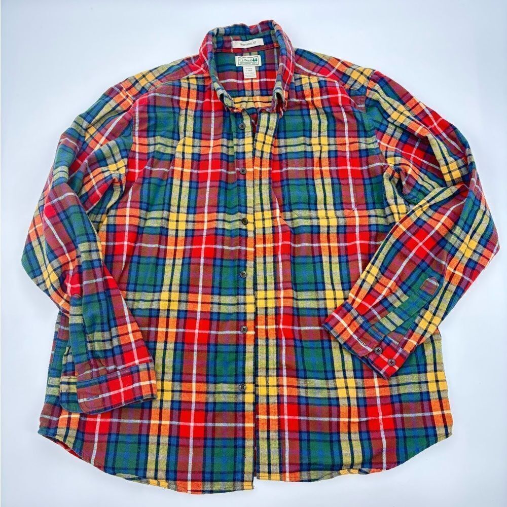 Vintage Plaid Flannel Shirt LL Bean Size L 90s Color Pop Plaid Grunge